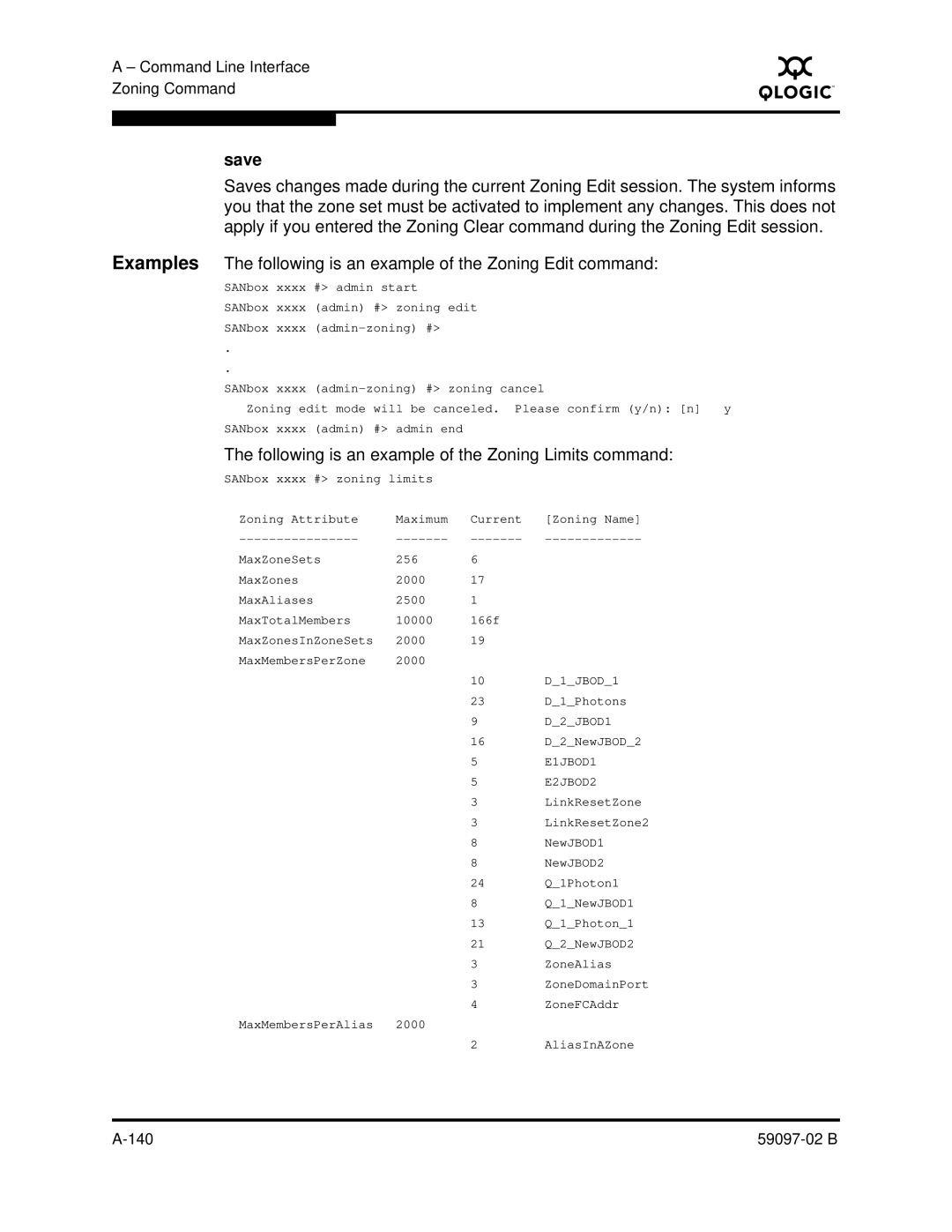 Q-Logic 5600 manual Following is an example of the Zoning Limits command, E2JBOD2 