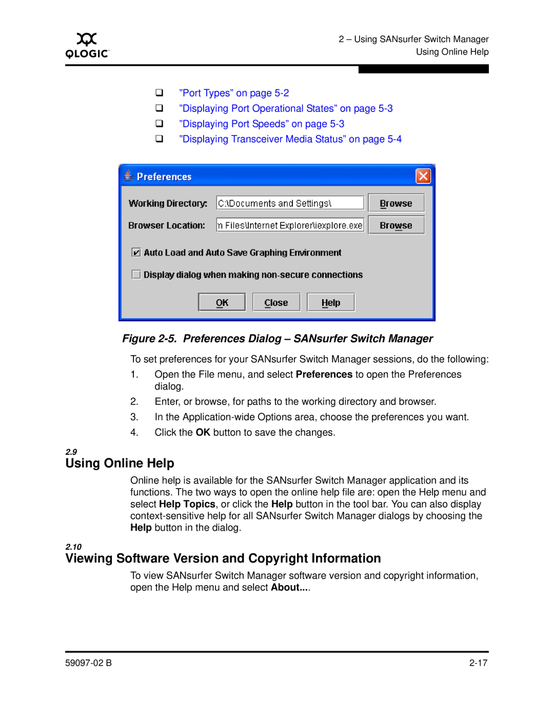 Q-Logic 5600 manual Using Online Help, Viewing Software Version and Copyright Information 