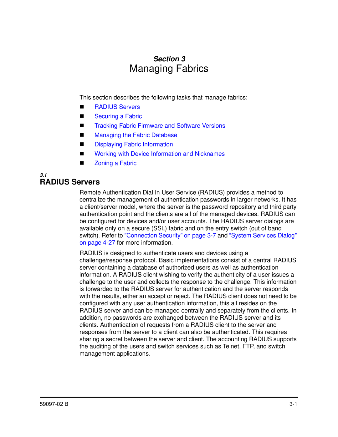 Q-Logic 5600 manual Managing Fabrics, Radius Servers 