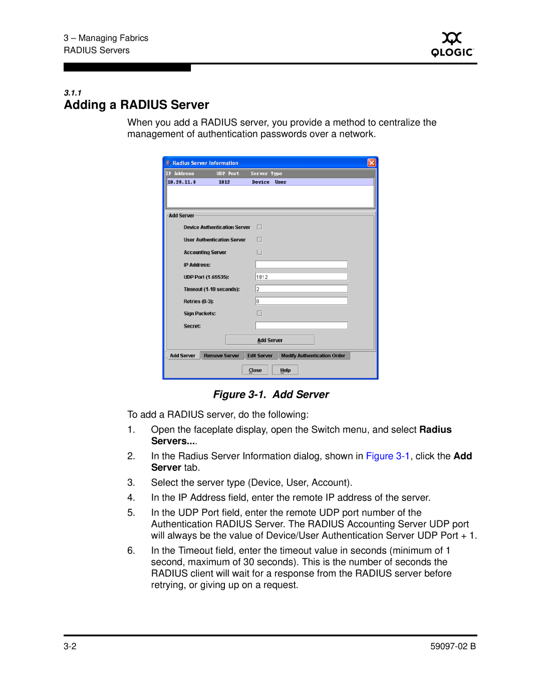 Q-Logic 5600 manual Adding a Radius Server, Add Server 