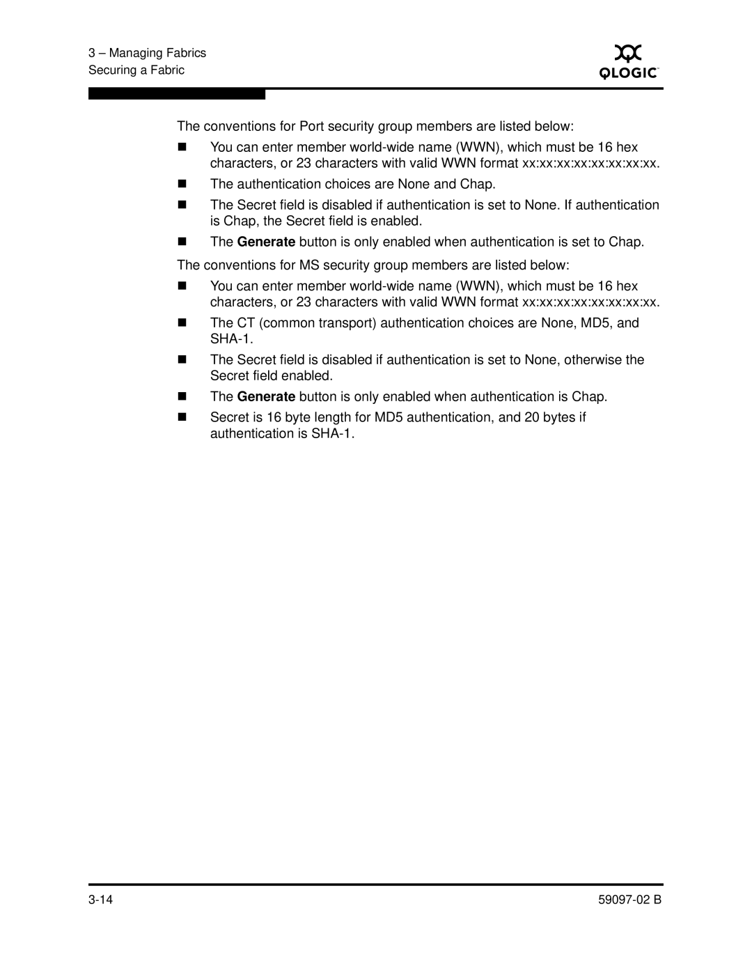 Q-Logic 5600 manual Managing Fabrics Securing a Fabric 