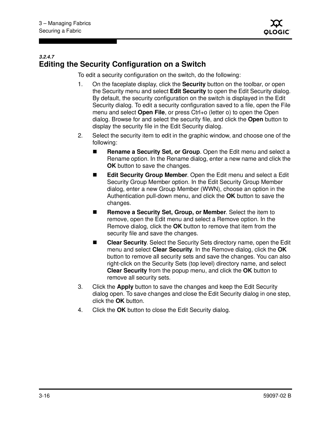 Q-Logic 5600 manual Editing the Security Configuration on a Switch 