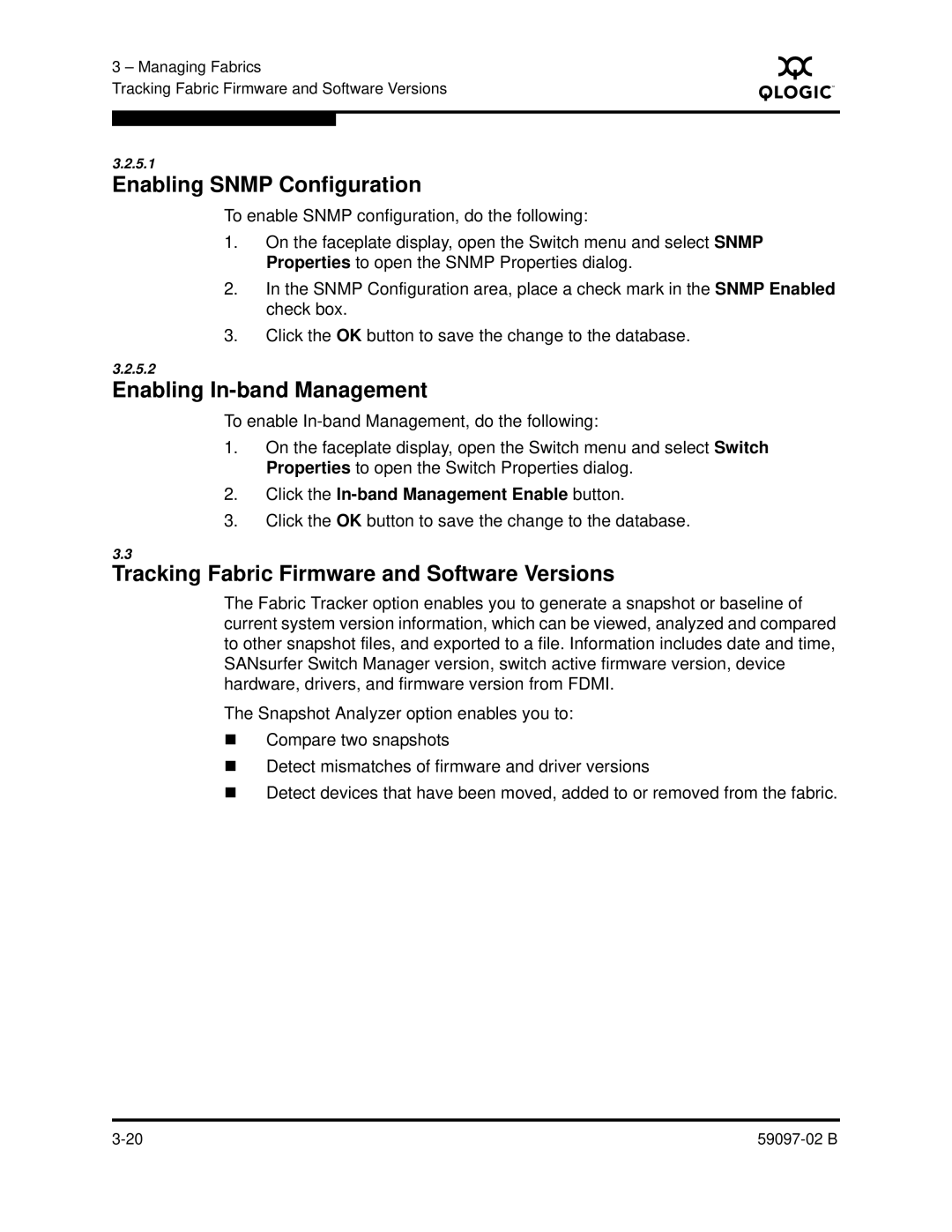 Q-Logic 5600 Enabling Snmp Configuration, Enabling In-band Management, Tracking Fabric Firmware and Software Versions 