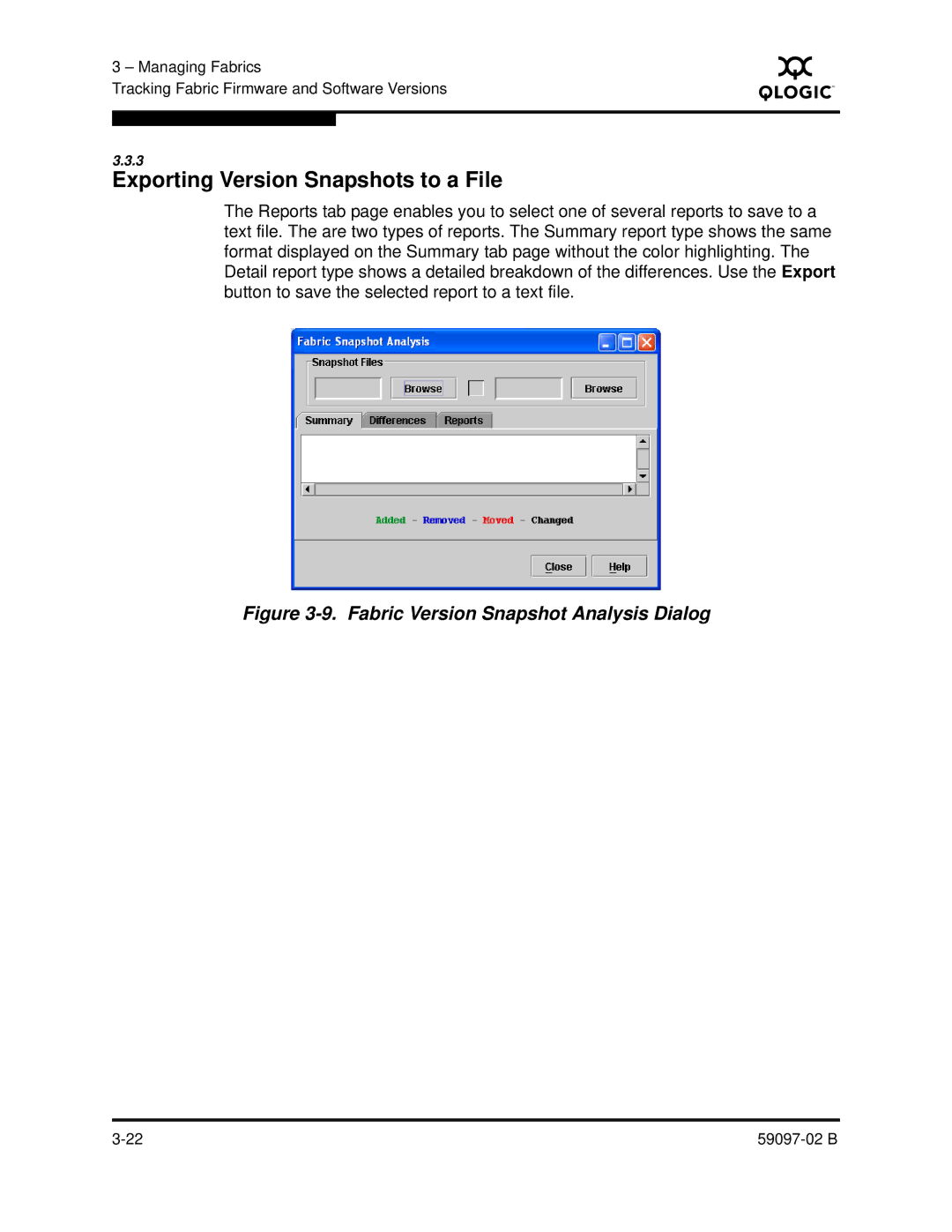 Q-Logic 5600 manual Exporting Version Snapshots to a File, Fabric Version Snapshot Analysis Dialog 