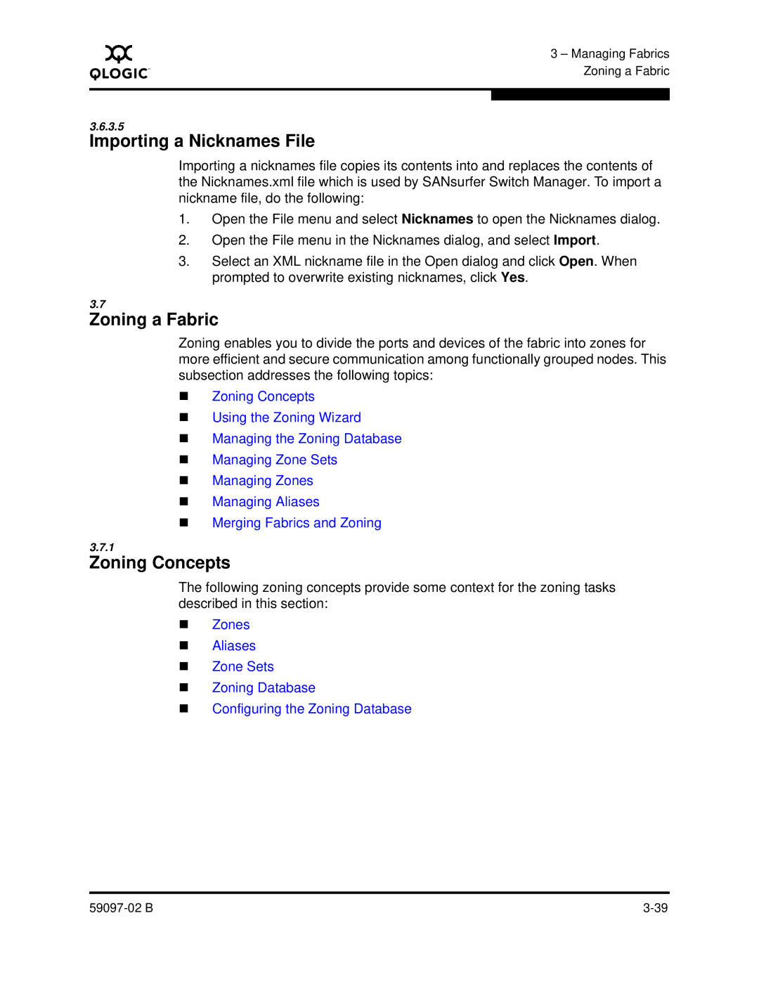 Q-Logic 5600 manual Importing a Nicknames File, Zoning a Fabric, Zoning Concepts 