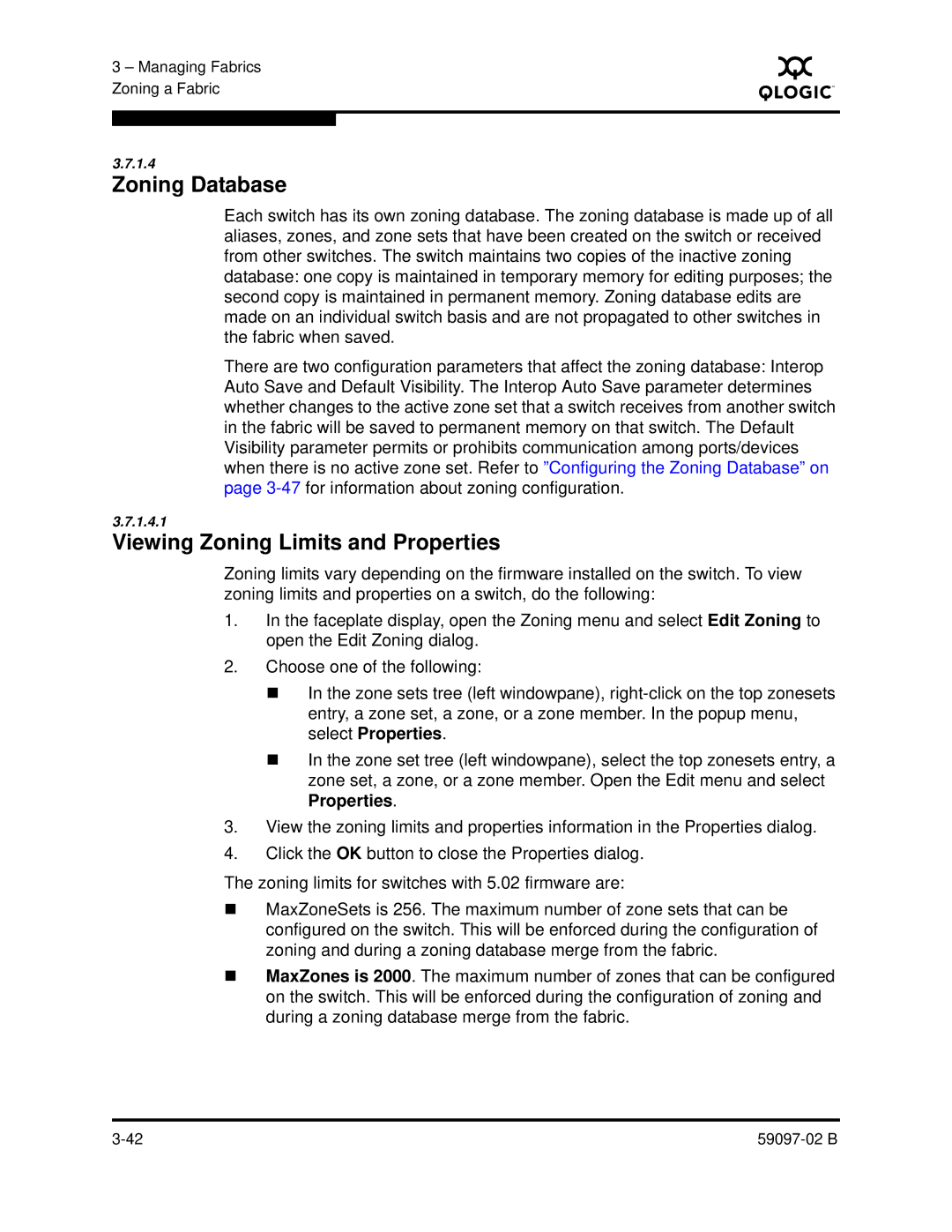 Q-Logic 5600 manual Zoning Database, Viewing Zoning Limits and Properties 