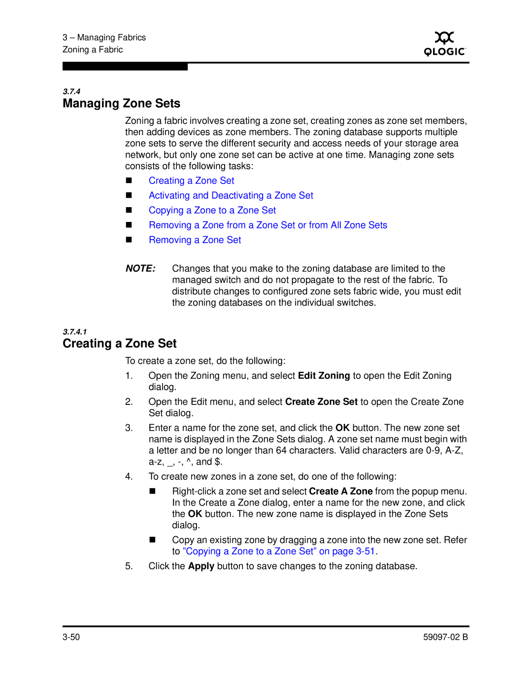 Q-Logic 5600 manual Managing Zone Sets, Creating a Zone Set 