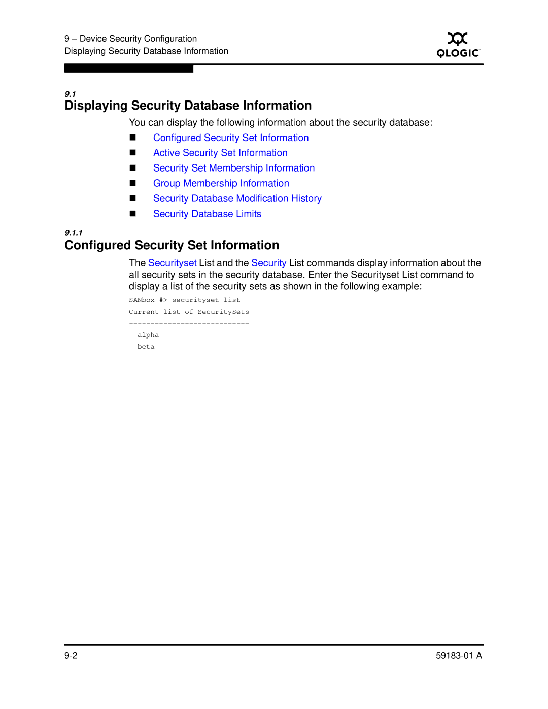 Q-Logic 5602 manual Displaying Security Database Information, Configured Security Set Information 