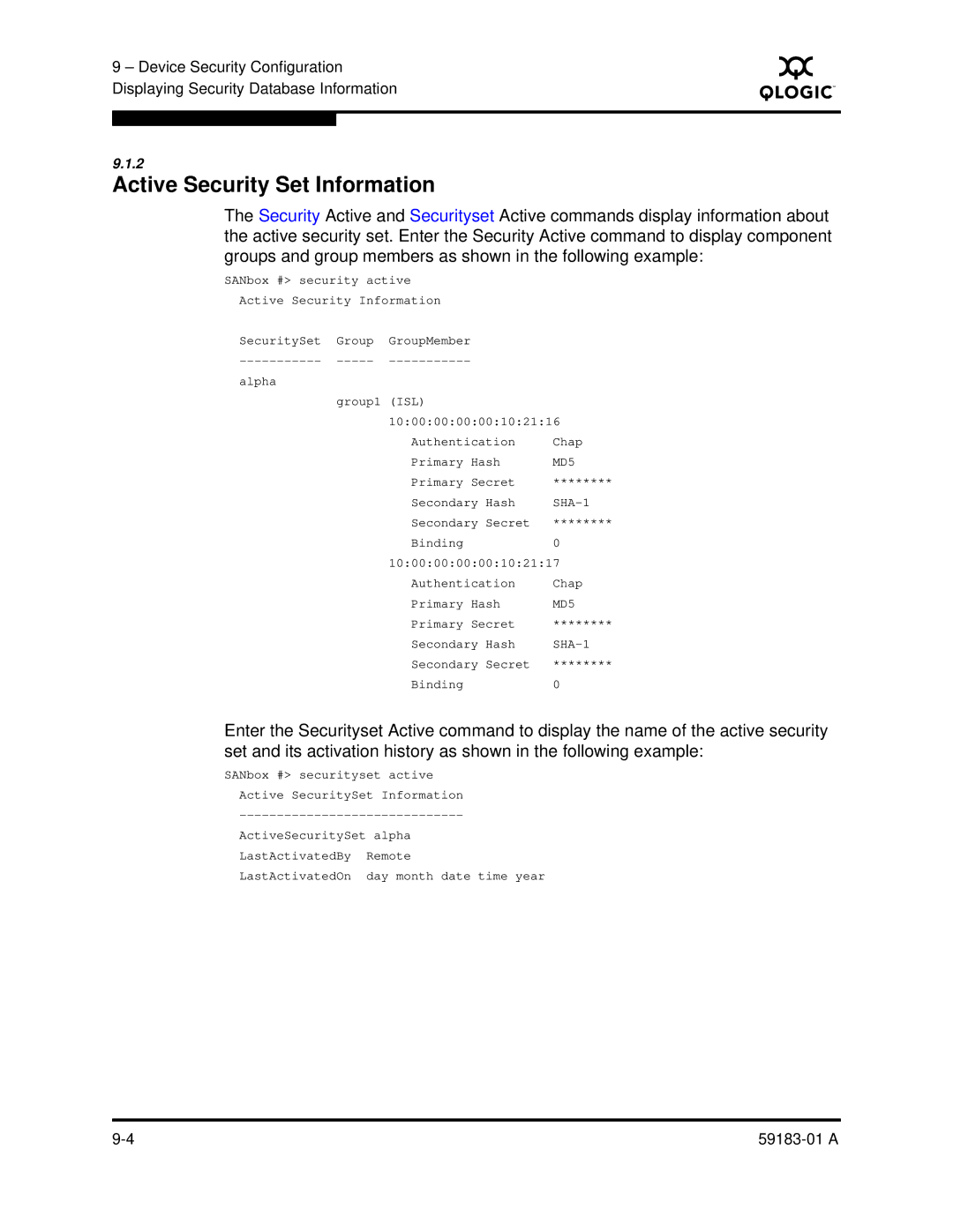 Q-Logic 5602 manual Active Security Set Information 