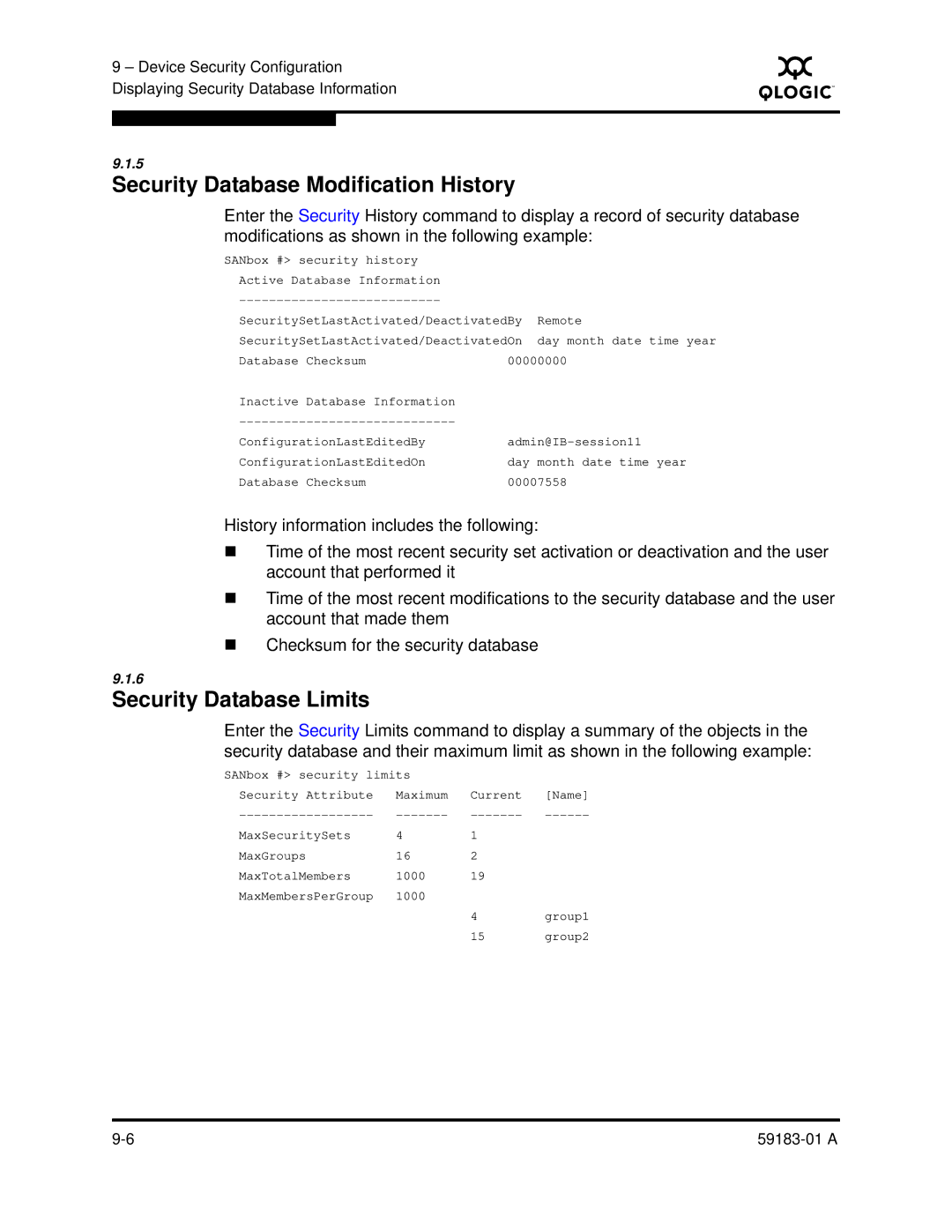 Q-Logic 5602 manual Security Database Modification History, Security Database Limits 