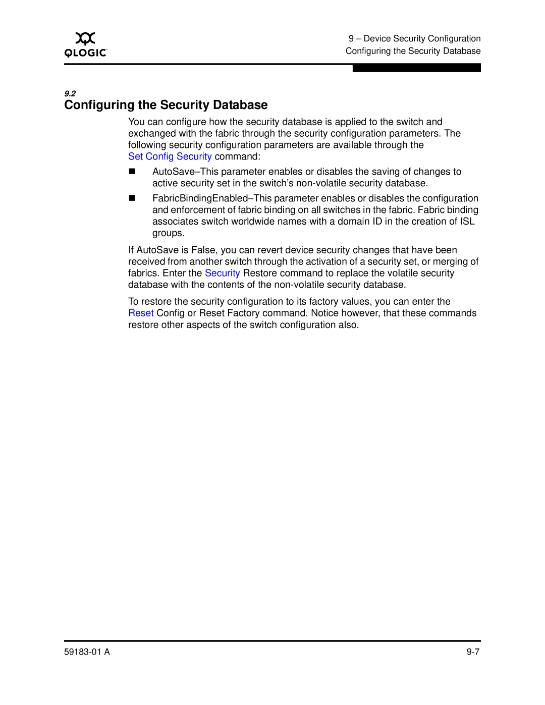 Q-Logic 5602 manual Configuring the Security Database, Set Config Security command 