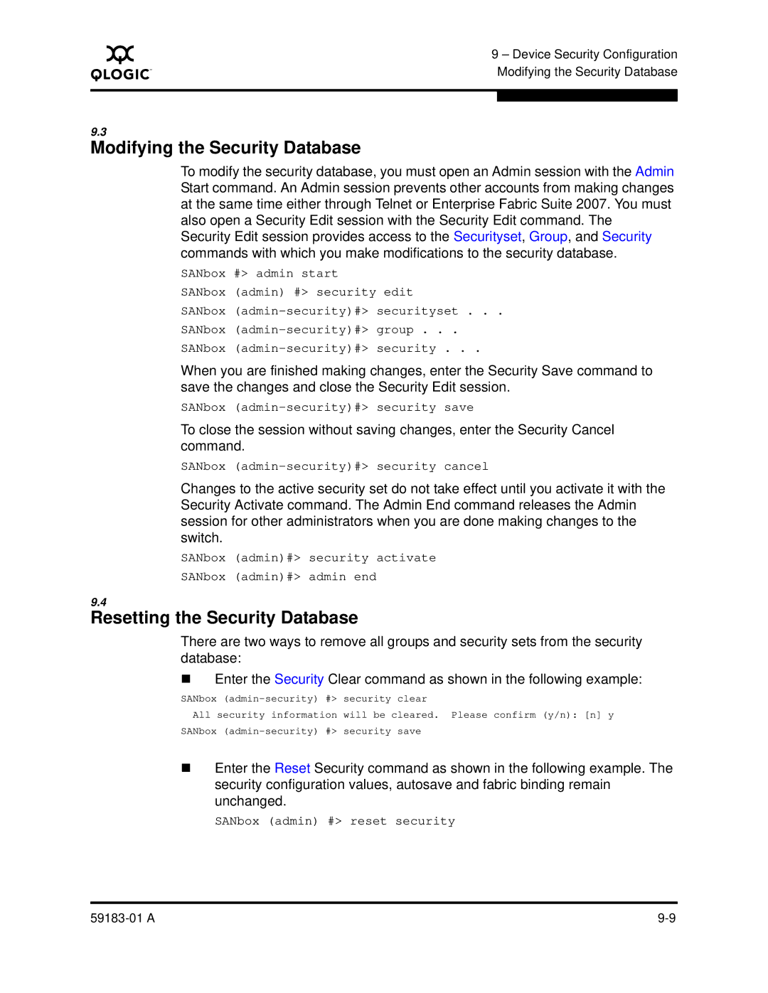 Q-Logic 5602 manual Modifying the Security Database, Resetting the Security Database 