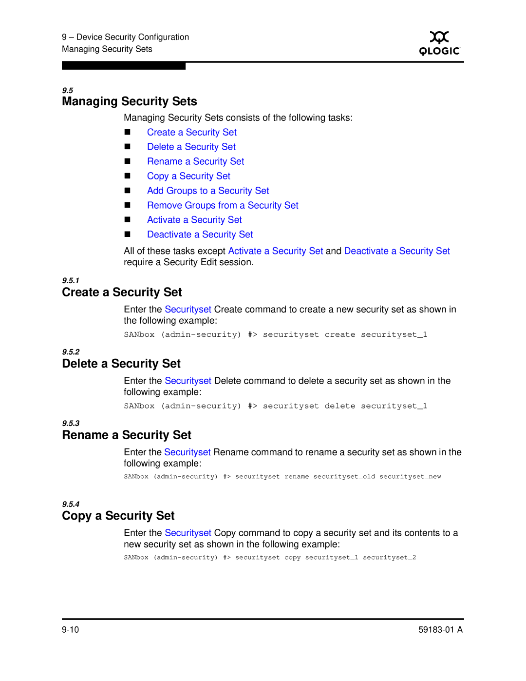 Q-Logic 5602 manual Managing Security Sets, Create a Security Set, Delete a Security Set, Rename a Security Set 