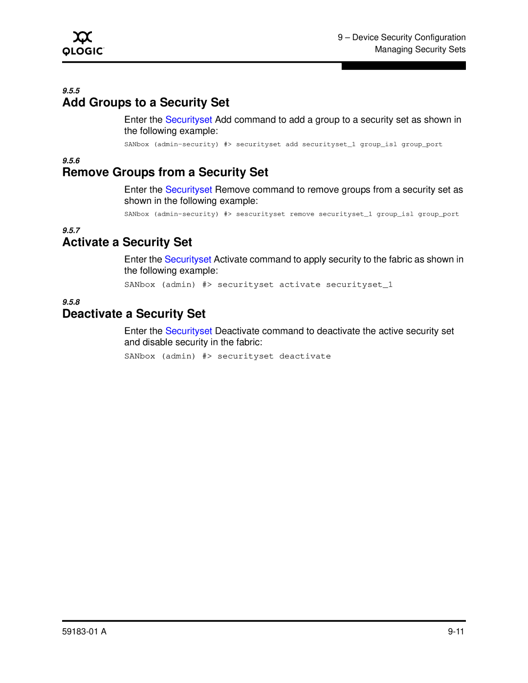 Q-Logic 5602 manual Add Groups to a Security Set, Remove Groups from a Security Set, Activate a Security Set 