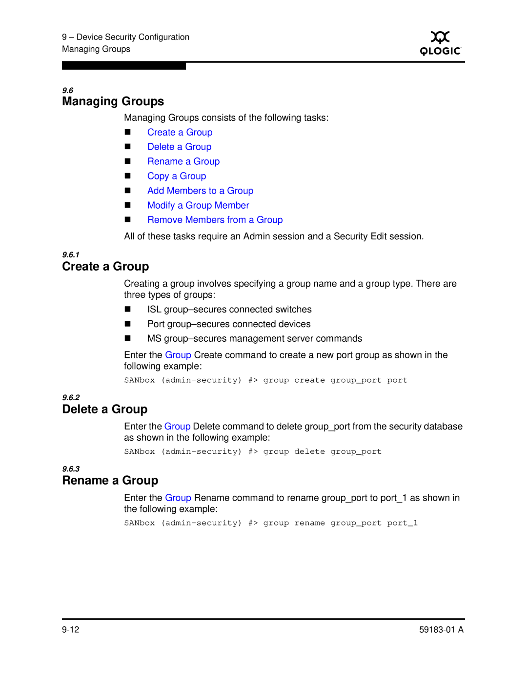 Q-Logic 5602 manual Managing Groups, Create a Group, Delete a Group, Rename a Group 