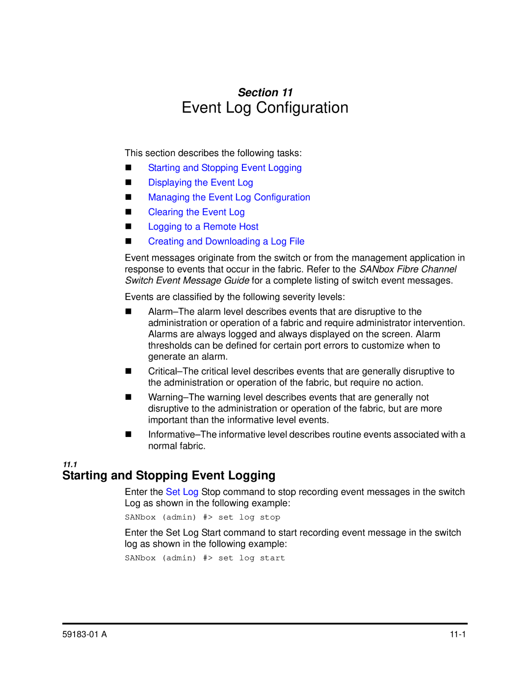 Q-Logic 5602 manual Event Log Configuration, Starting and Stopping Event Logging 