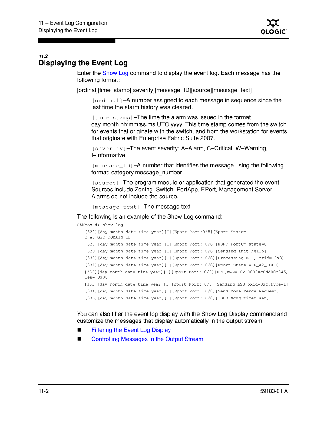 Q-Logic 5602 manual Displaying the Event Log 