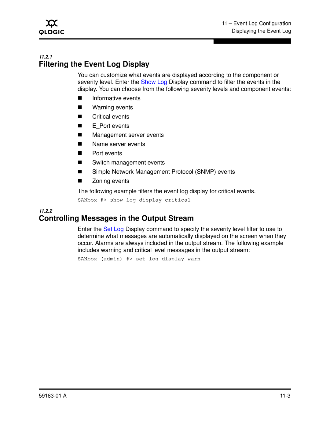 Q-Logic 5602 manual Filtering the Event Log Display, Controlling Messages in the Output Stream 