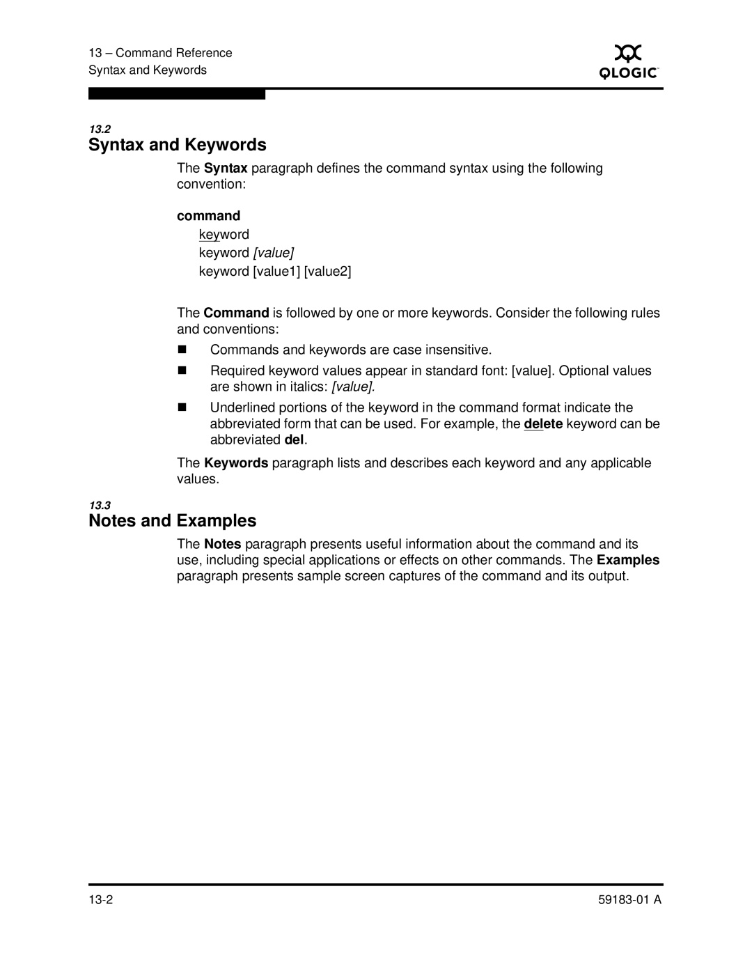 Q-Logic 5602 manual Syntax and Keywords, Command 