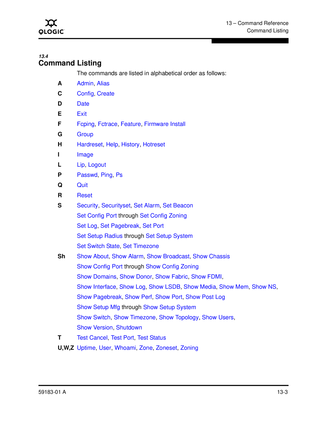 Q-Logic 5602 manual Command Listing, Commands are listed in alphabetical order as follows 