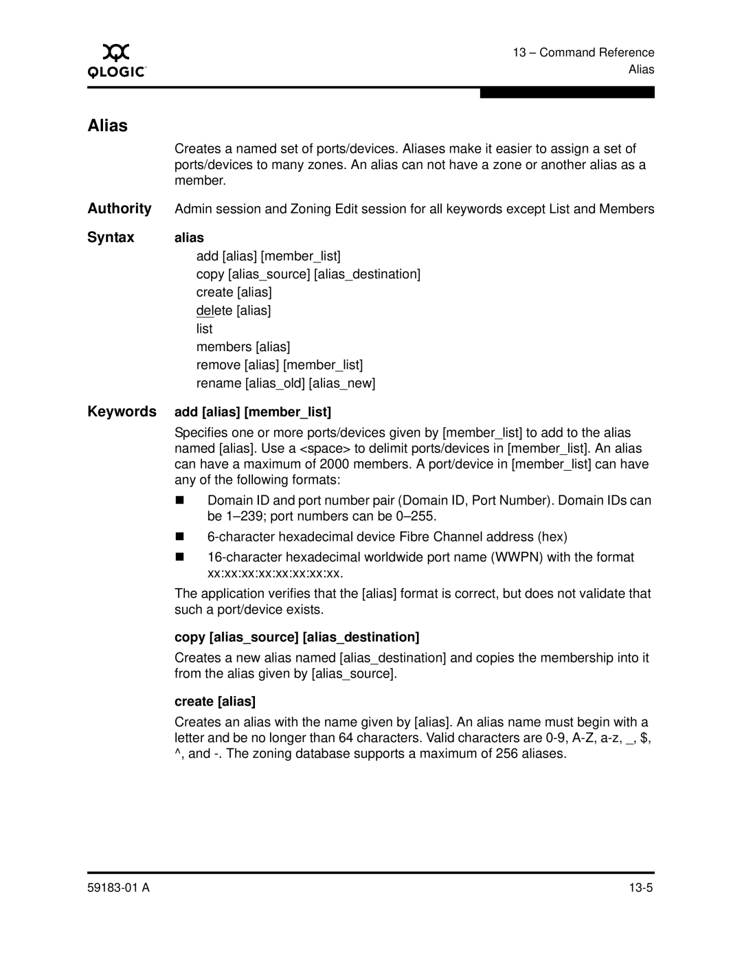 Q-Logic 5602 manual Alias, Syntax alias, Keywords add alias memberlist, Copy aliassource aliasdestination, Create alias 