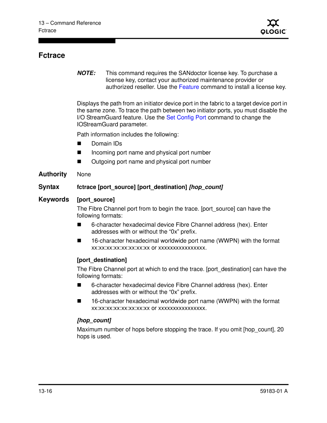 Q-Logic 5602 manual Fctrace, Portdestination, Hopcount 