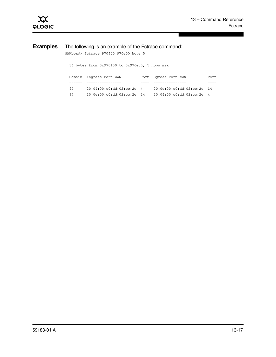 Q-Logic 5602 manual Examples The following is an example of the Fctrace command 