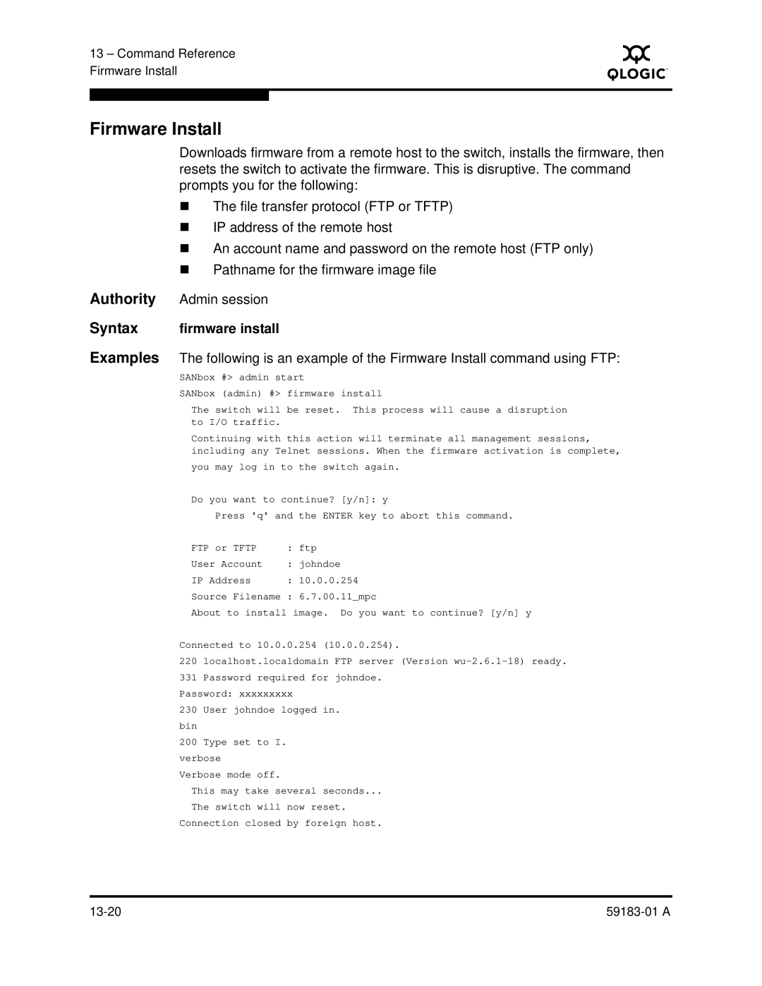 Q-Logic 5602 manual Firmware Install, Syntax firmware install 