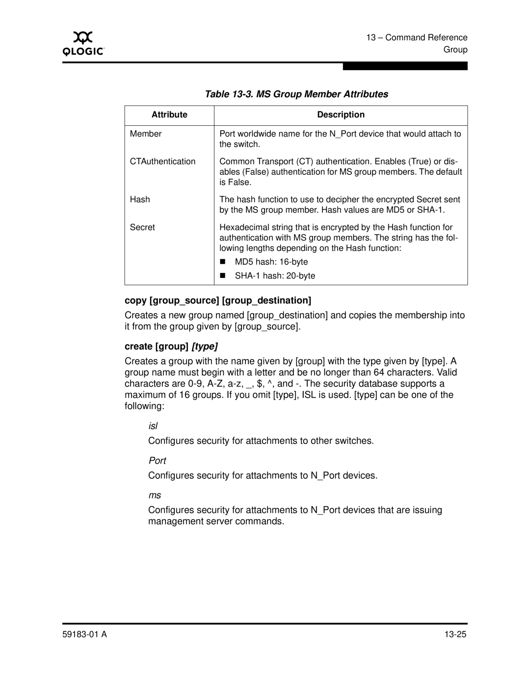 Q-Logic 5602 manual MS Group Member Attributes, Copy groupsource groupdestination, Create group type 