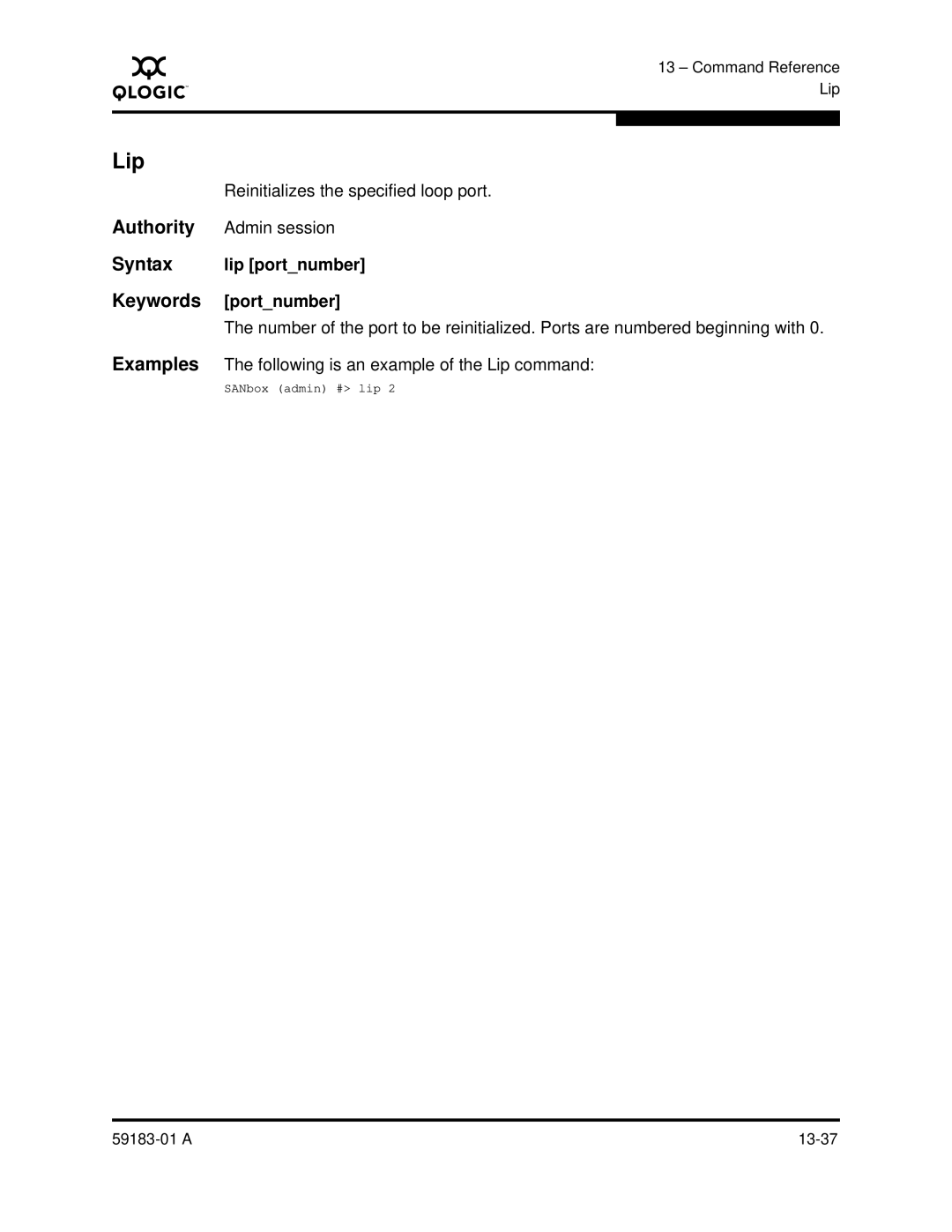 Q-Logic 5602 manual Reinitializes the specified loop port, Lip portnumber, Portnumber 