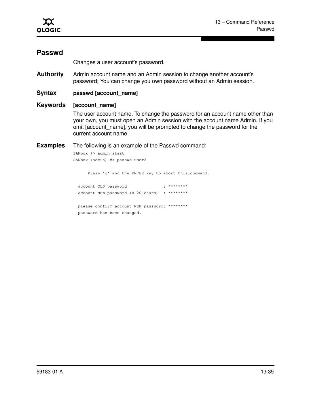 Q-Logic 5602 manual Passwd, Syntax passwd accountname Keywords accountname 