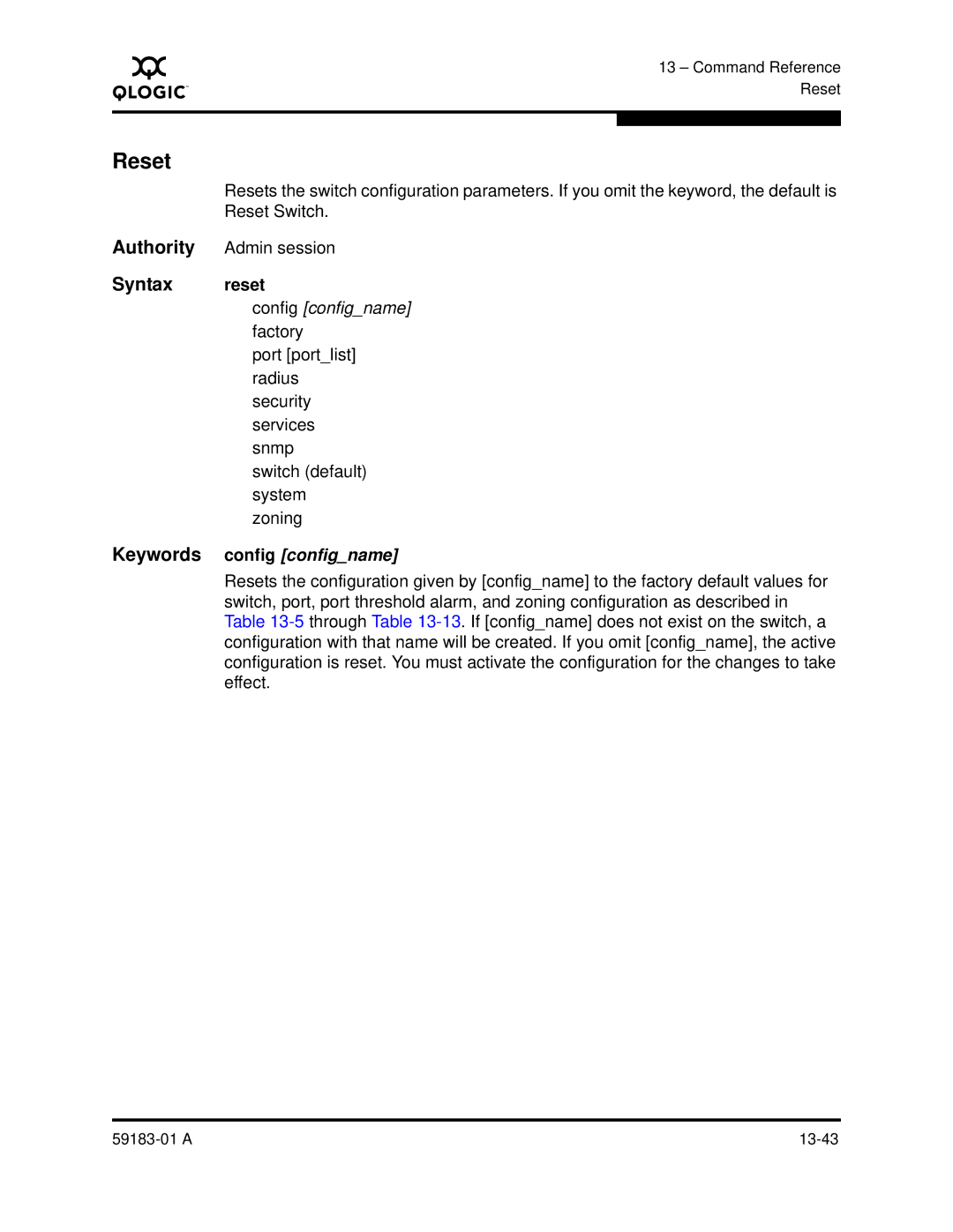 Q-Logic 5602 manual Reset, Syntax reset, Keywords config configname 