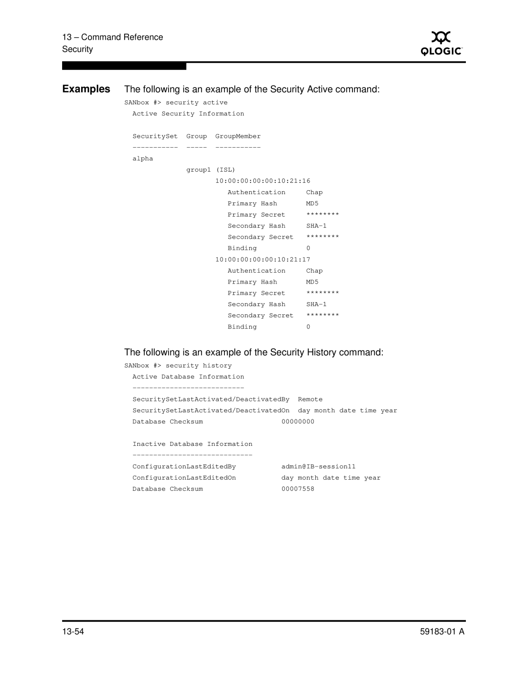 Q-Logic 5602 manual Following is an example of the Security History command 