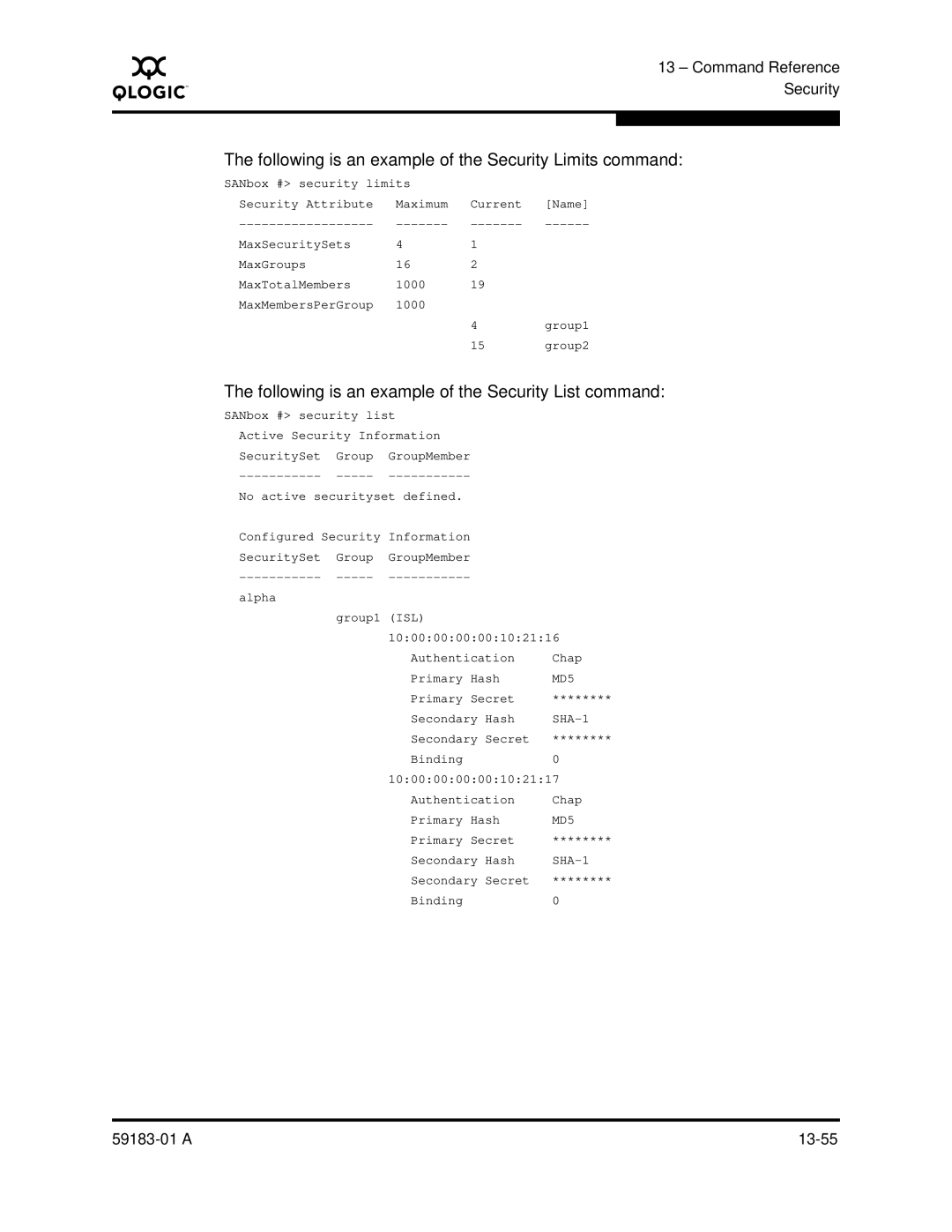 Q-Logic 5602 Following is an example of the Security Limits command, Following is an example of the Security List command 