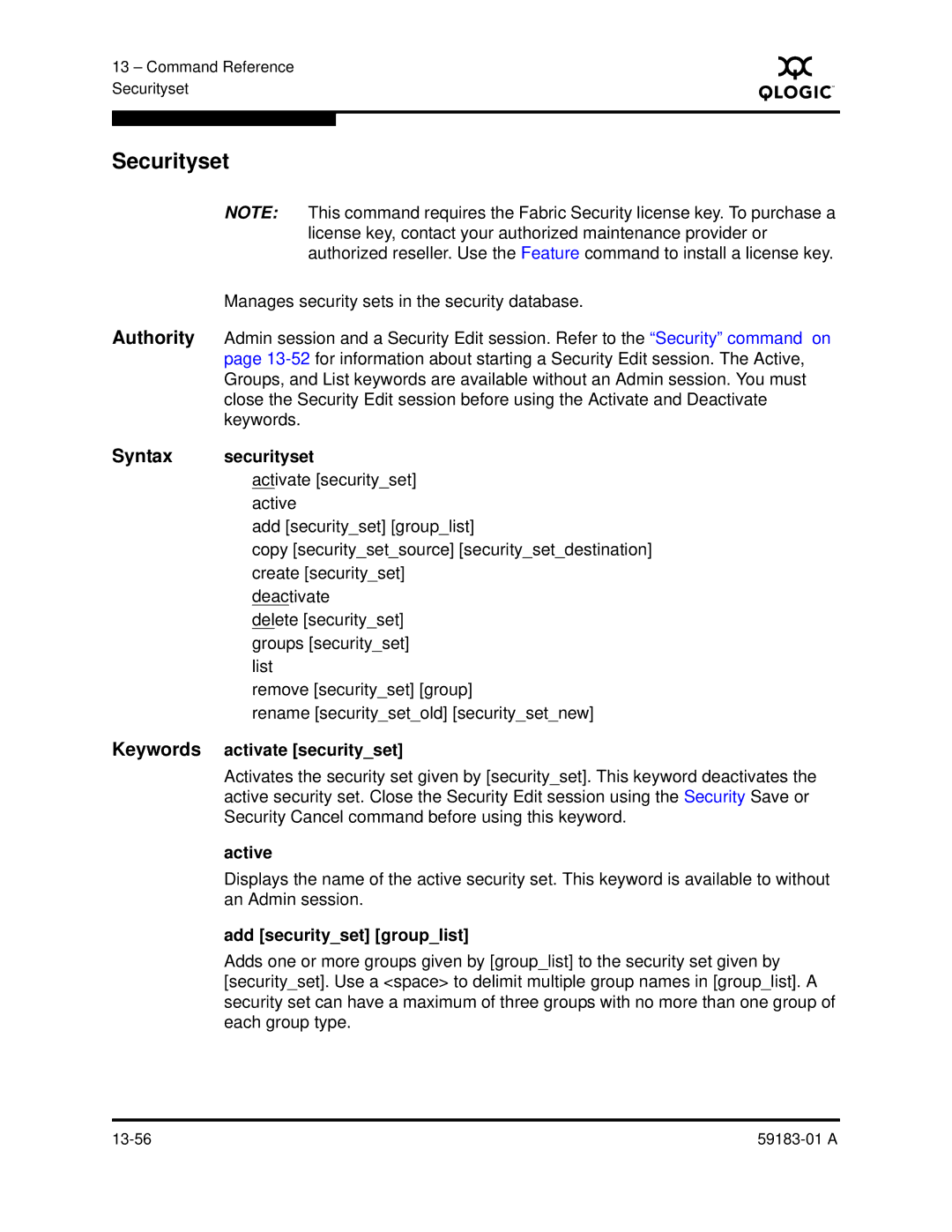 Q-Logic 5602 manual Securityset, Syntax securityset, Keywords activate securityset, Active, Add securityset grouplist 