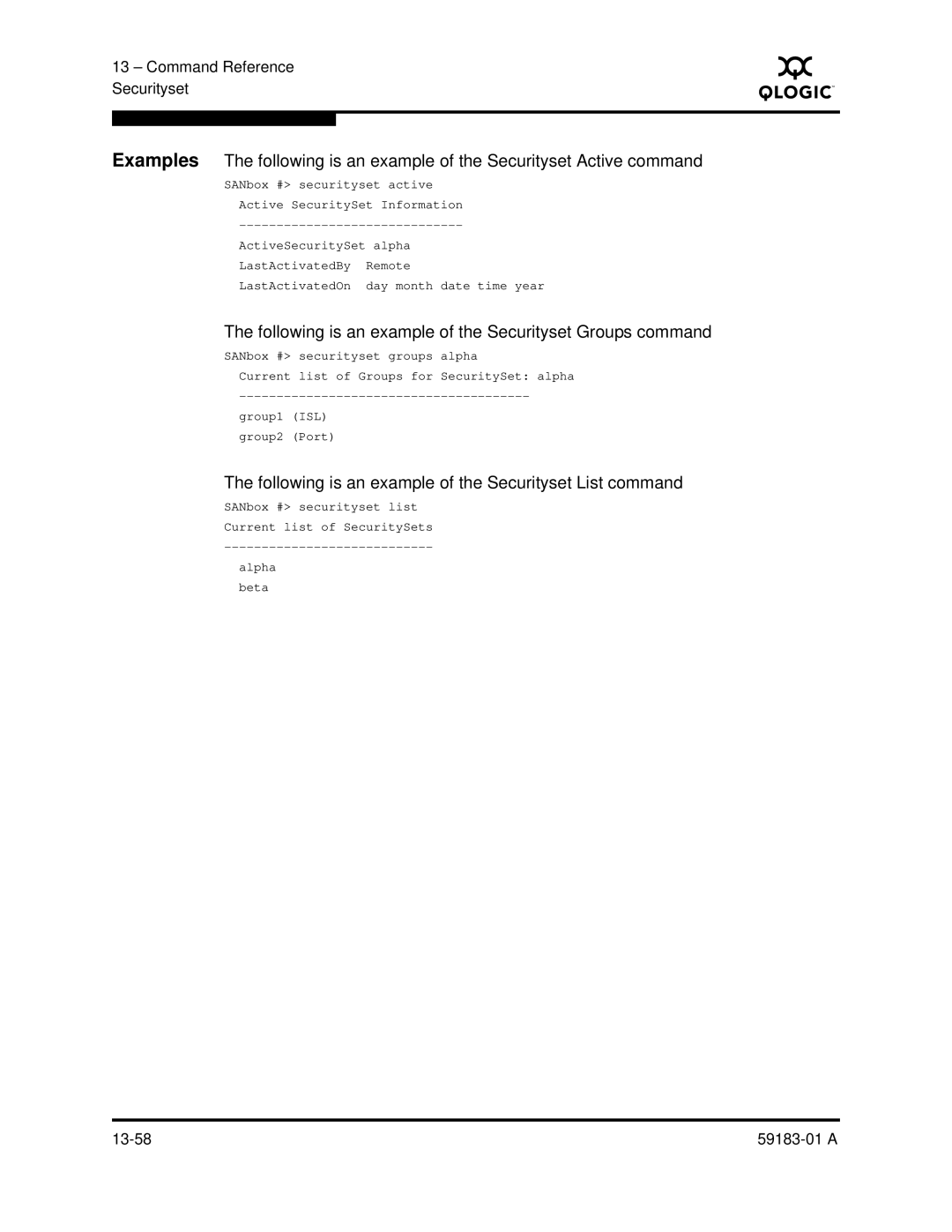 Q-Logic 5602 manual Following is an example of the Securityset Groups command 