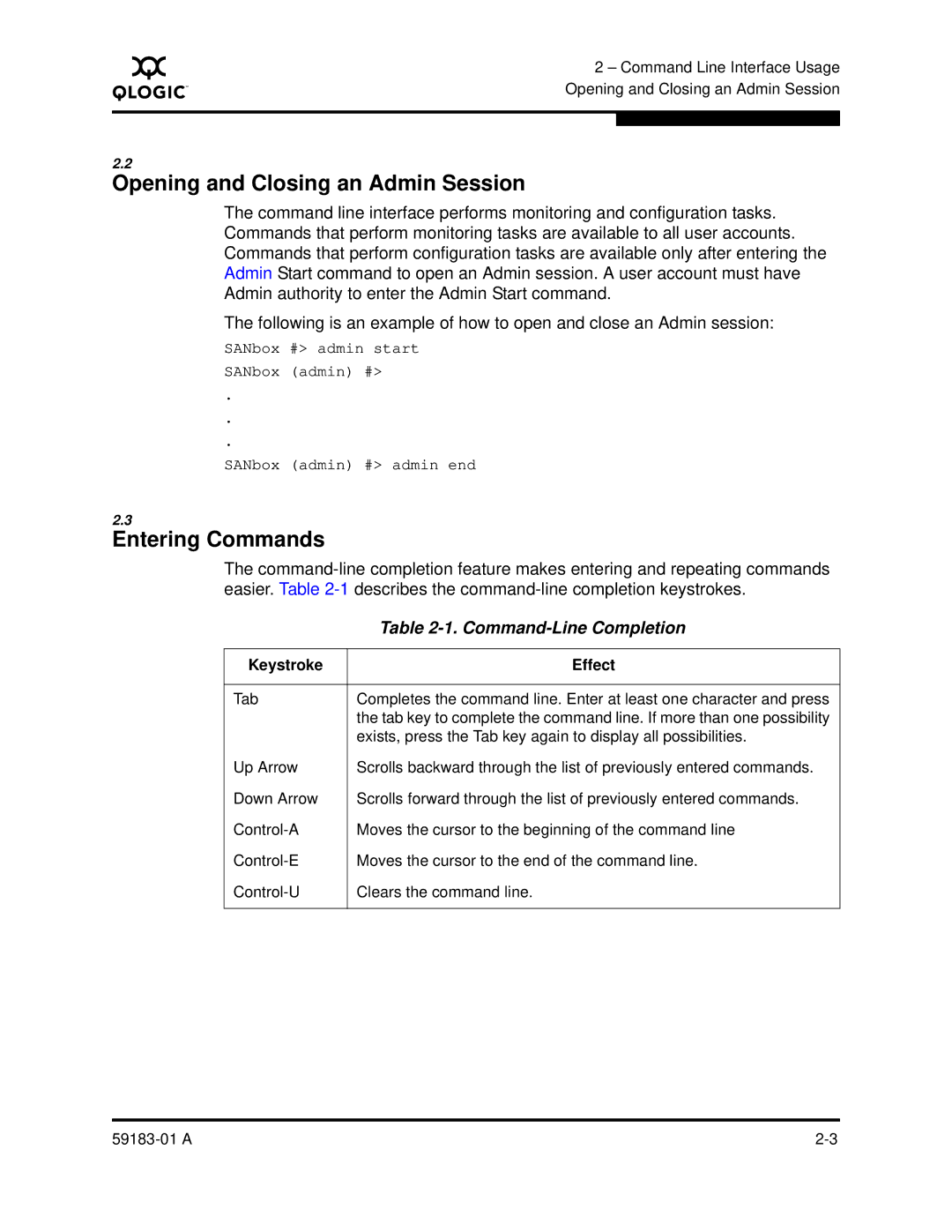 Q-Logic 5602 manual Opening and Closing an Admin Session, Entering Commands, Command-Line Completion 