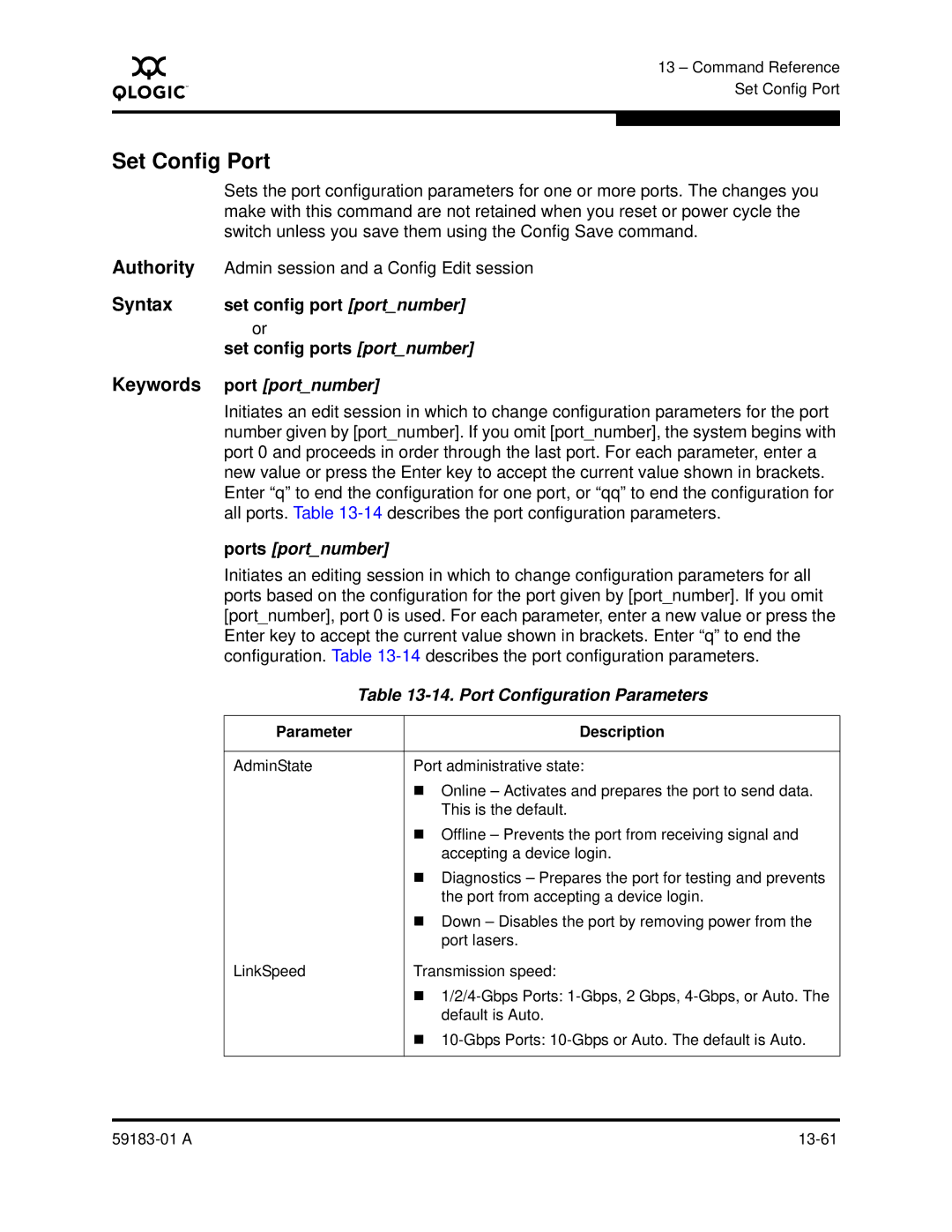 Q-Logic 5602 manual Set Config Port, Keywords port portnumber, Ports portnumber, Port Configuration Parameters 