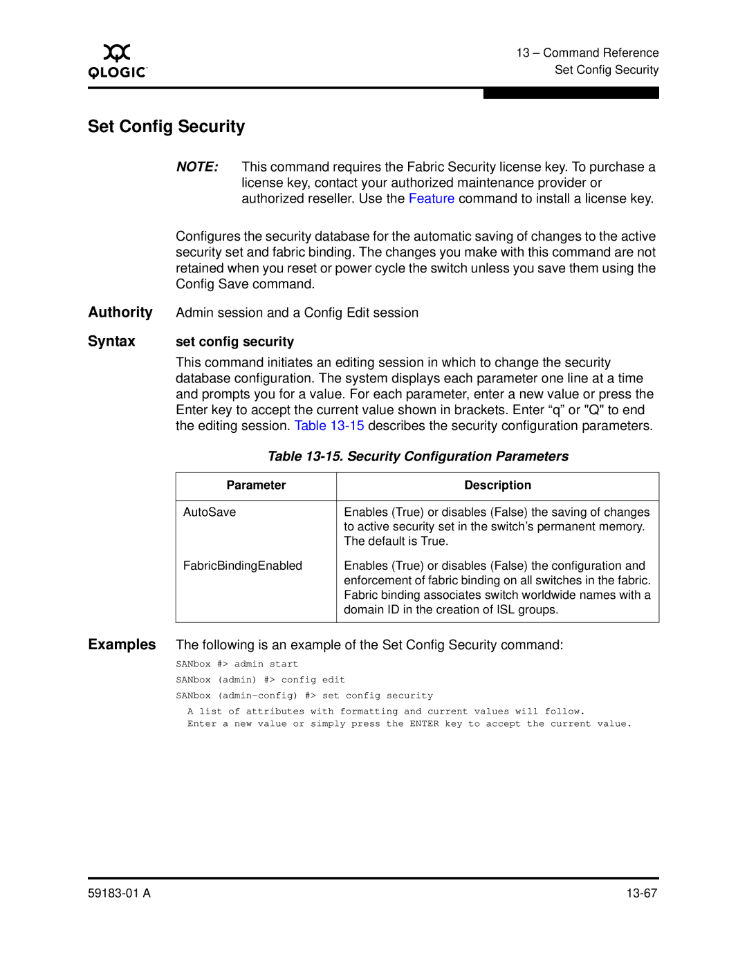 Q-Logic 5602 manual Set Config Security, Syntax set config security, Security Configuration Parameters 