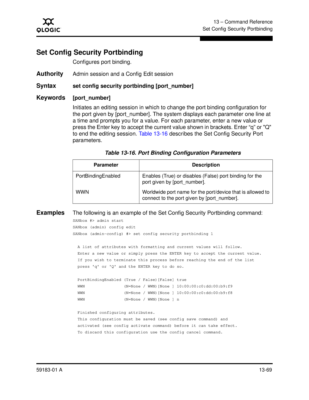 Q-Logic 5602 manual Set Config Security Portbinding, Port Binding Configuration Parameters 