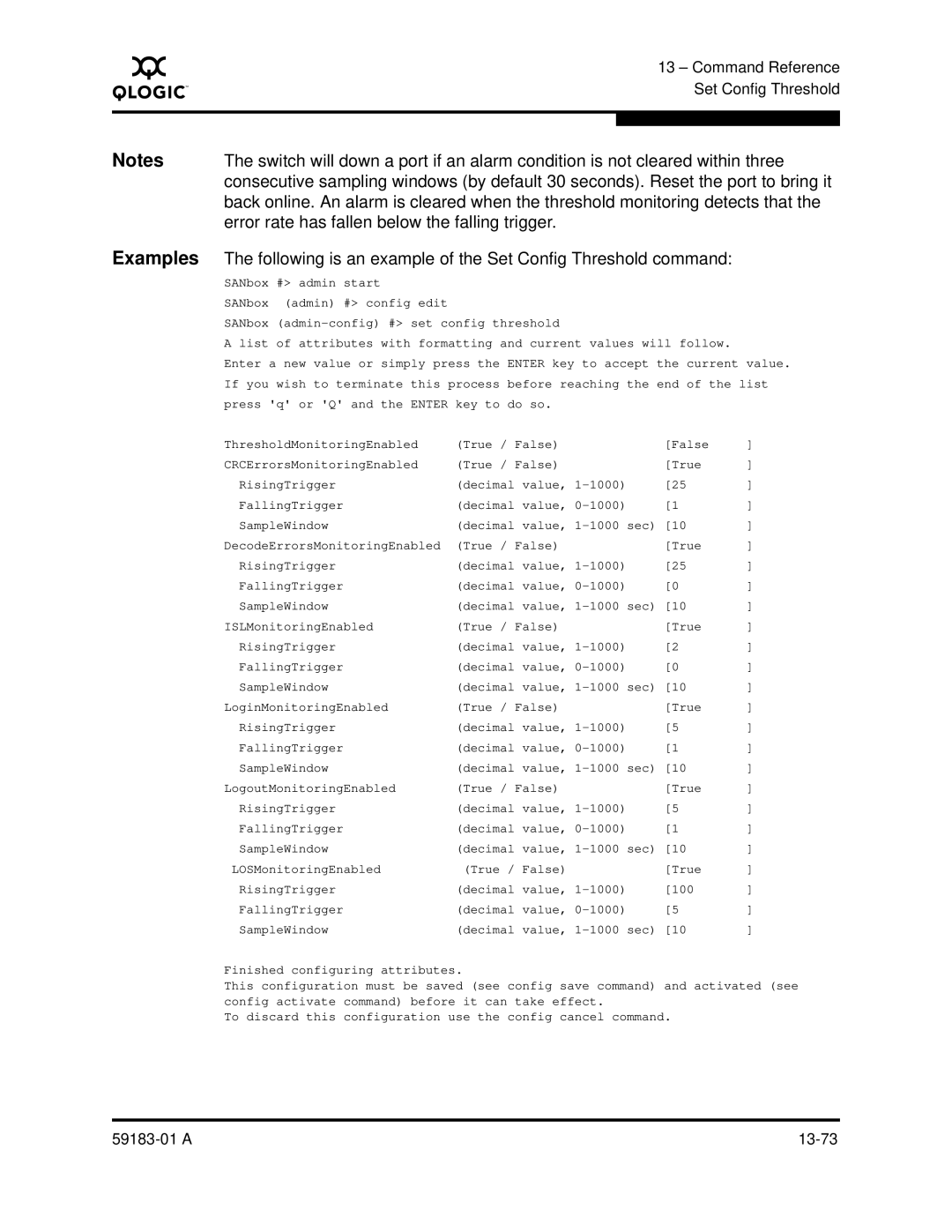 Q-Logic 5602 Error rate has fallen below the falling trigger, Following is an example of the Set Config Threshold command 