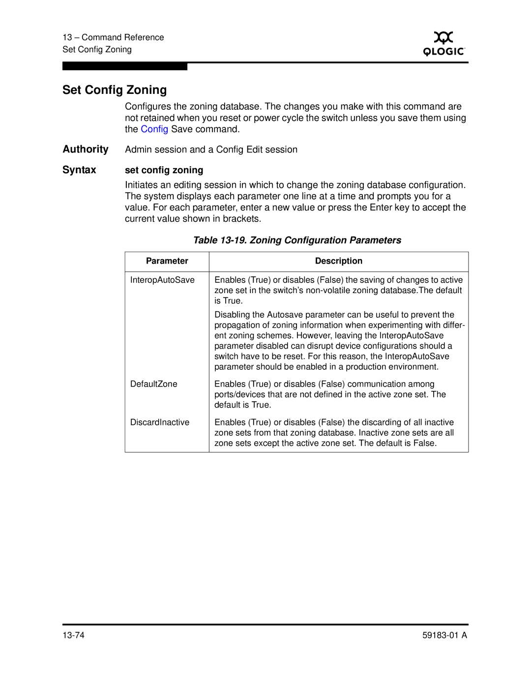 Q-Logic 5602 manual Set Config Zoning, Syntax set config zoning, Zoning Configuration Parameters 