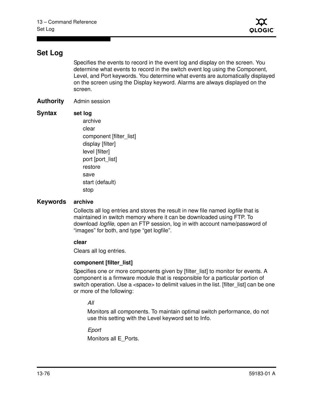 Q-Logic 5602 manual Set Log, Set log, Archive, Component filterlist 