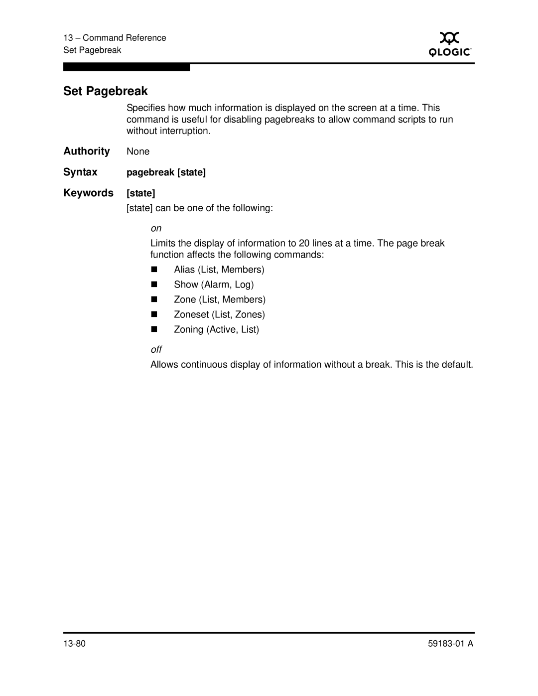 Q-Logic 5602 manual Set Pagebreak, Keywords state, Syntax pagebreak state 