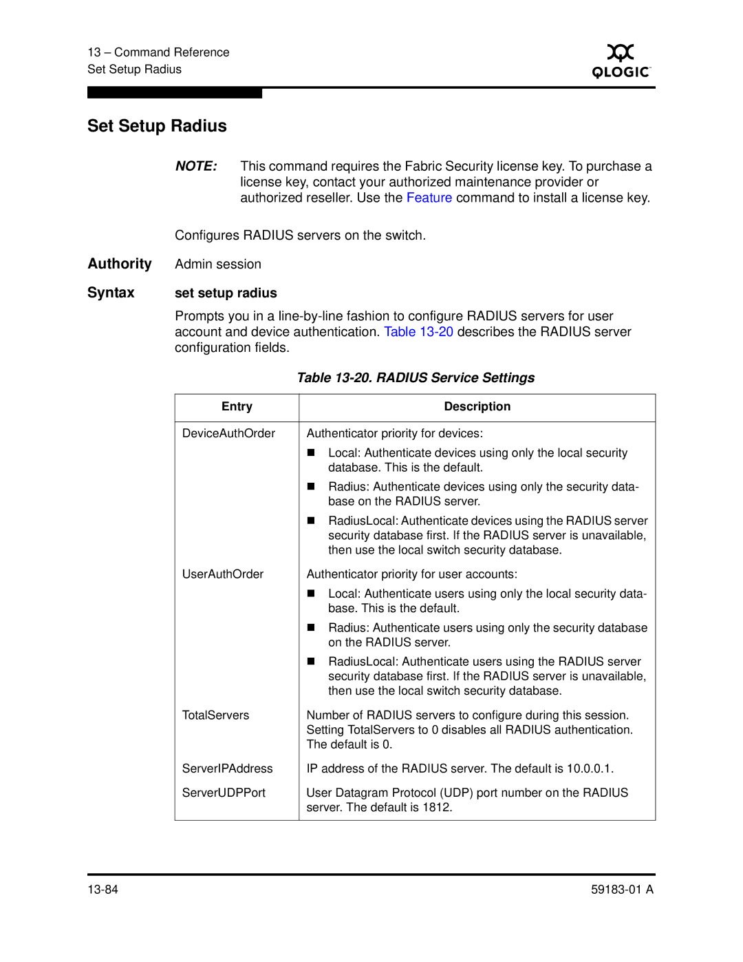 Q-Logic 5602 manual Set Setup Radius, Configures Radius servers on the switch, Set setup radius, Configuration fields 