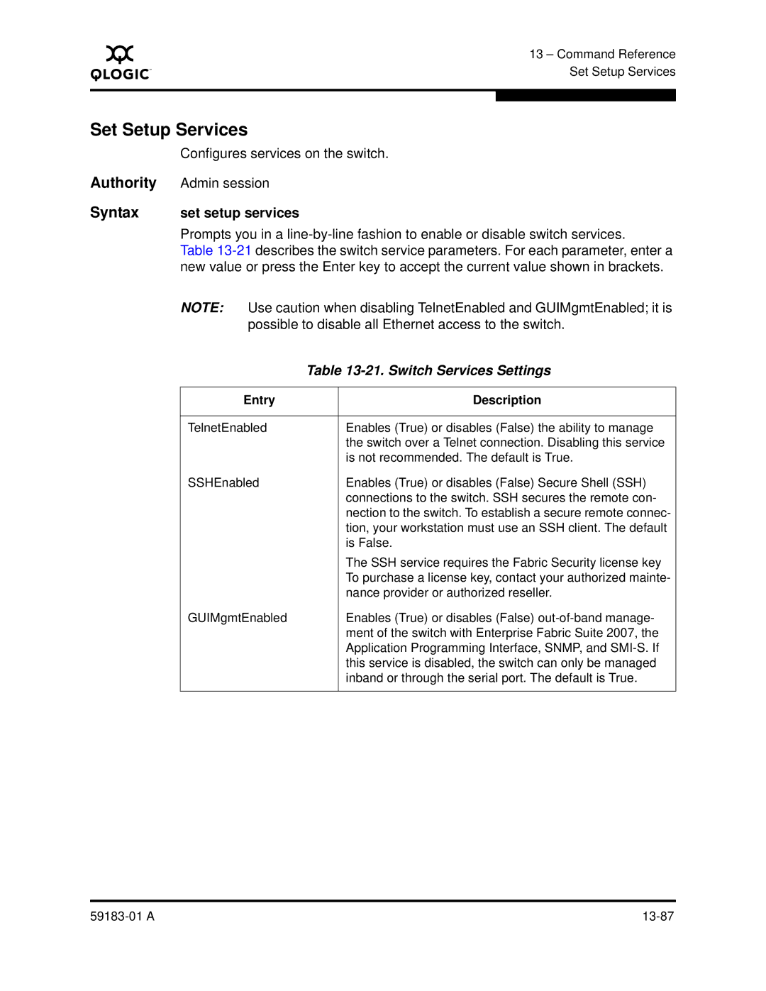 Q-Logic 5602 Set Setup Services, Configures services on the switch, Syntax set setup services, Switch Services Settings 