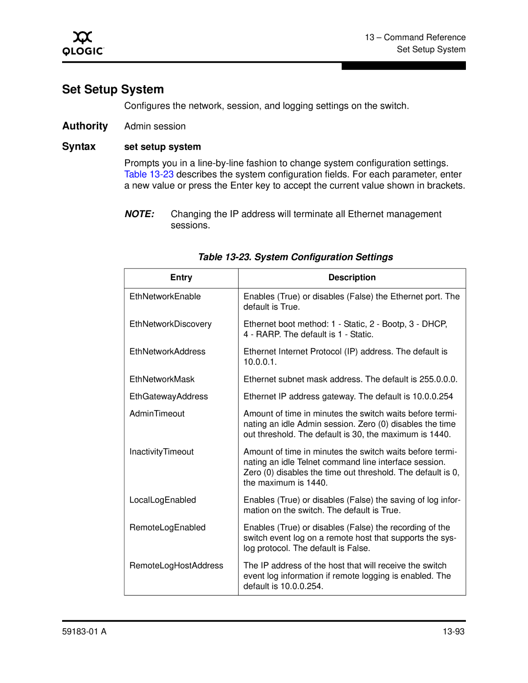 Q-Logic 5602 manual Set Setup System, Syntax set setup system, System Configuration Settings 