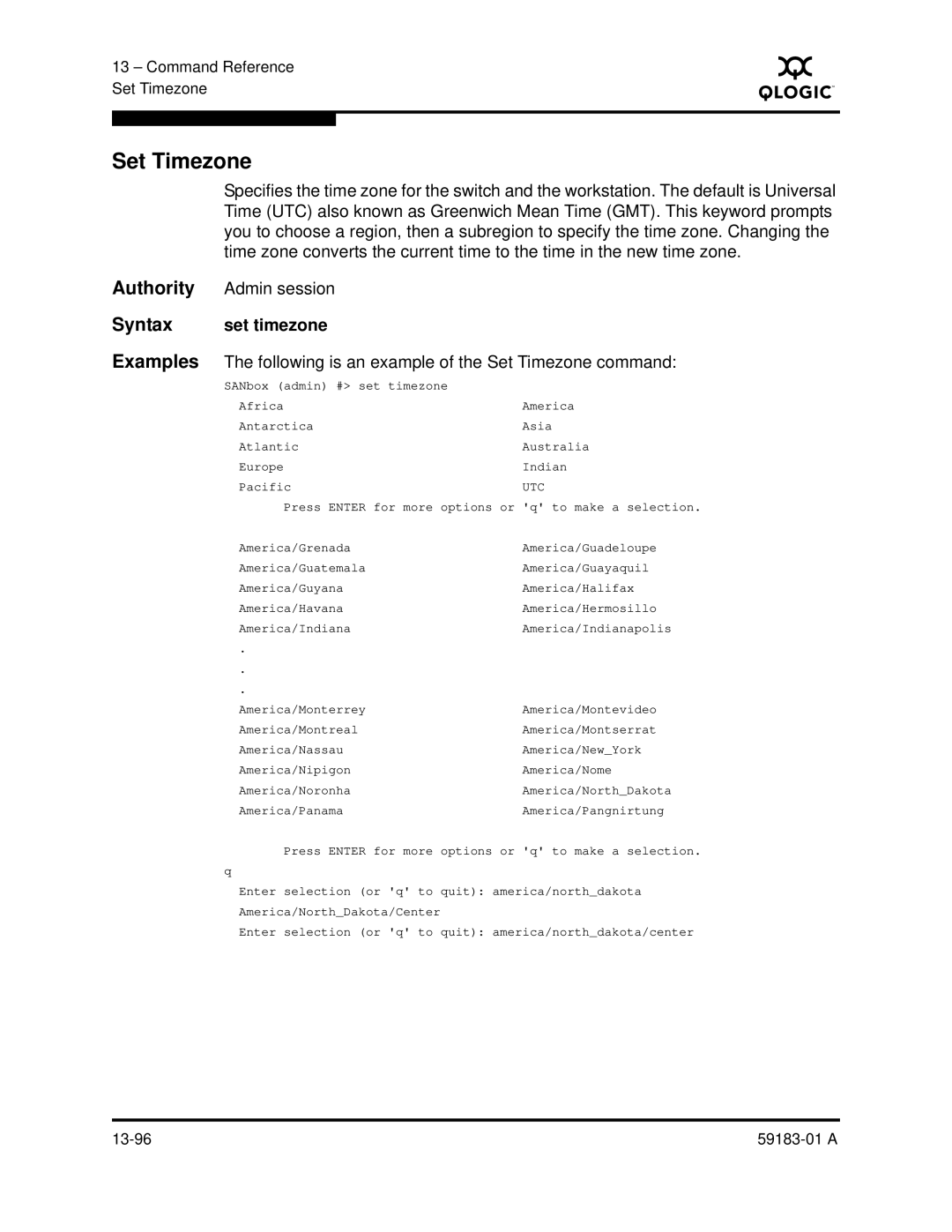 Q-Logic 5602 manual Set Timezone, Set timezone 