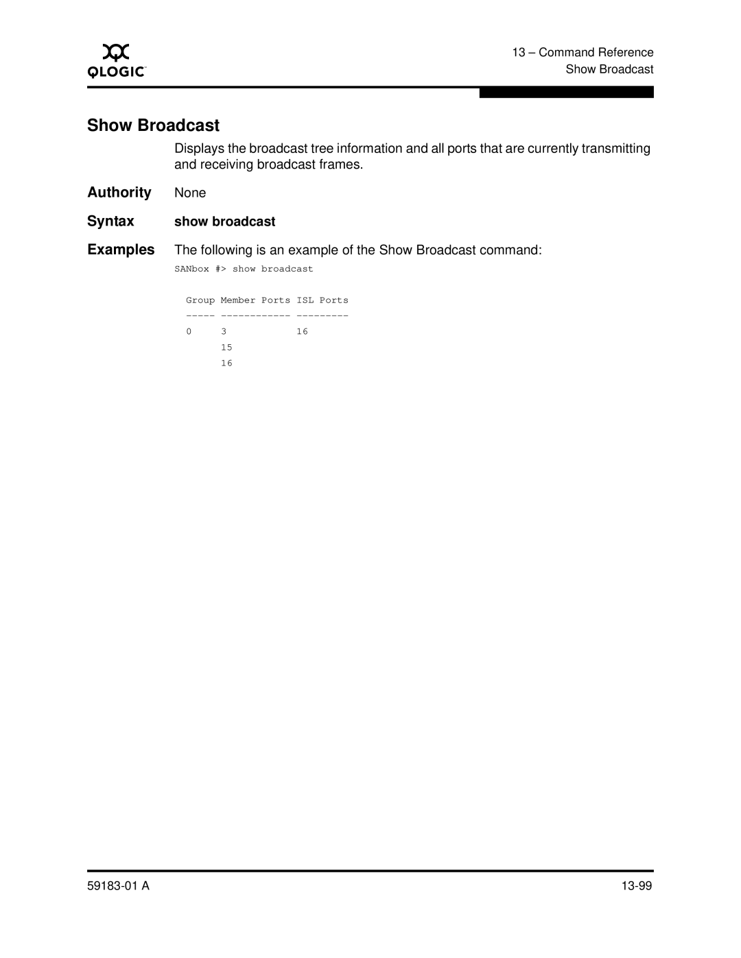 Q-Logic 5602 manual Show Broadcast, Syntax show broadcast 