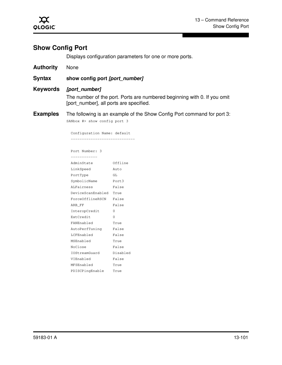 Q-Logic 5602 manual Show Config Port, Displays configuration parameters for one or more ports, Show config port portnumber 